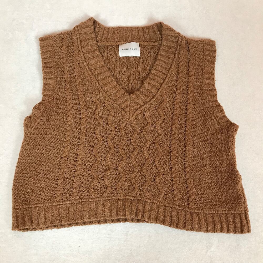 Pink Rose Brown Cable Knit Cropped Preppy V Neck Sleeveless Sweater Vest